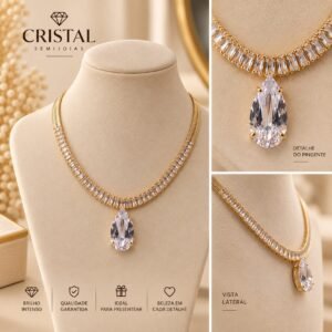 COLAR  REVIEIRA RETANGULAR FITA C/ PEDRA EM GOTA