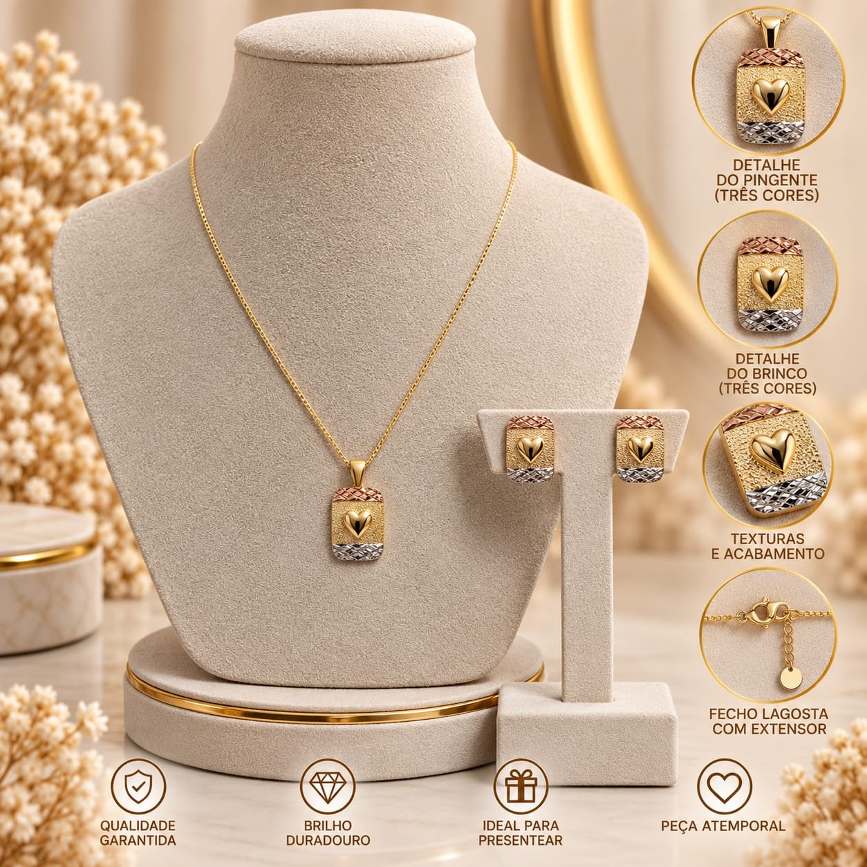 CONJUNTO TRES CORES RETANGULAR DETALHE CORACAO