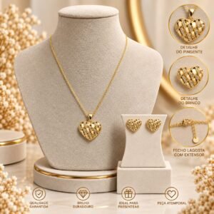 CONJUNTO CORACAO C/ DETALHE TECIDO PEDRA ZIRCONIAS