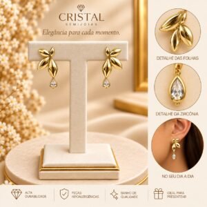 BRINCO 4 FOLHAS LISAS C/ PEDRA GOTA ZIRCONIA