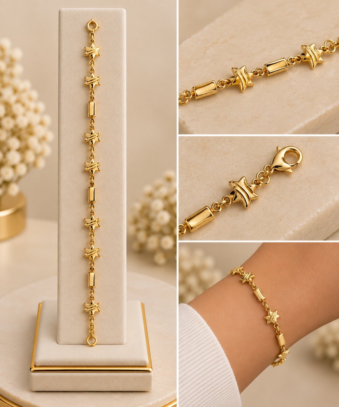 PULSEIRA ESTRELAS C/ TRES PEDRAS RETANGULARES