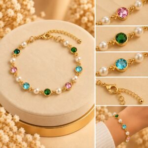 PULSEIRA DE PÉROLA COM CRISTAIS COLORIDA