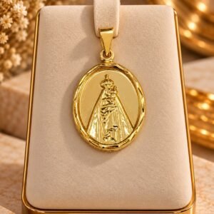 PINGENTE MEDALHA OVAL C/ CRUZ E NOSSA SENHORA