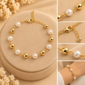 PULSEIRA DE BOLINHAS DOURADA E PEROLAS BRANCAS