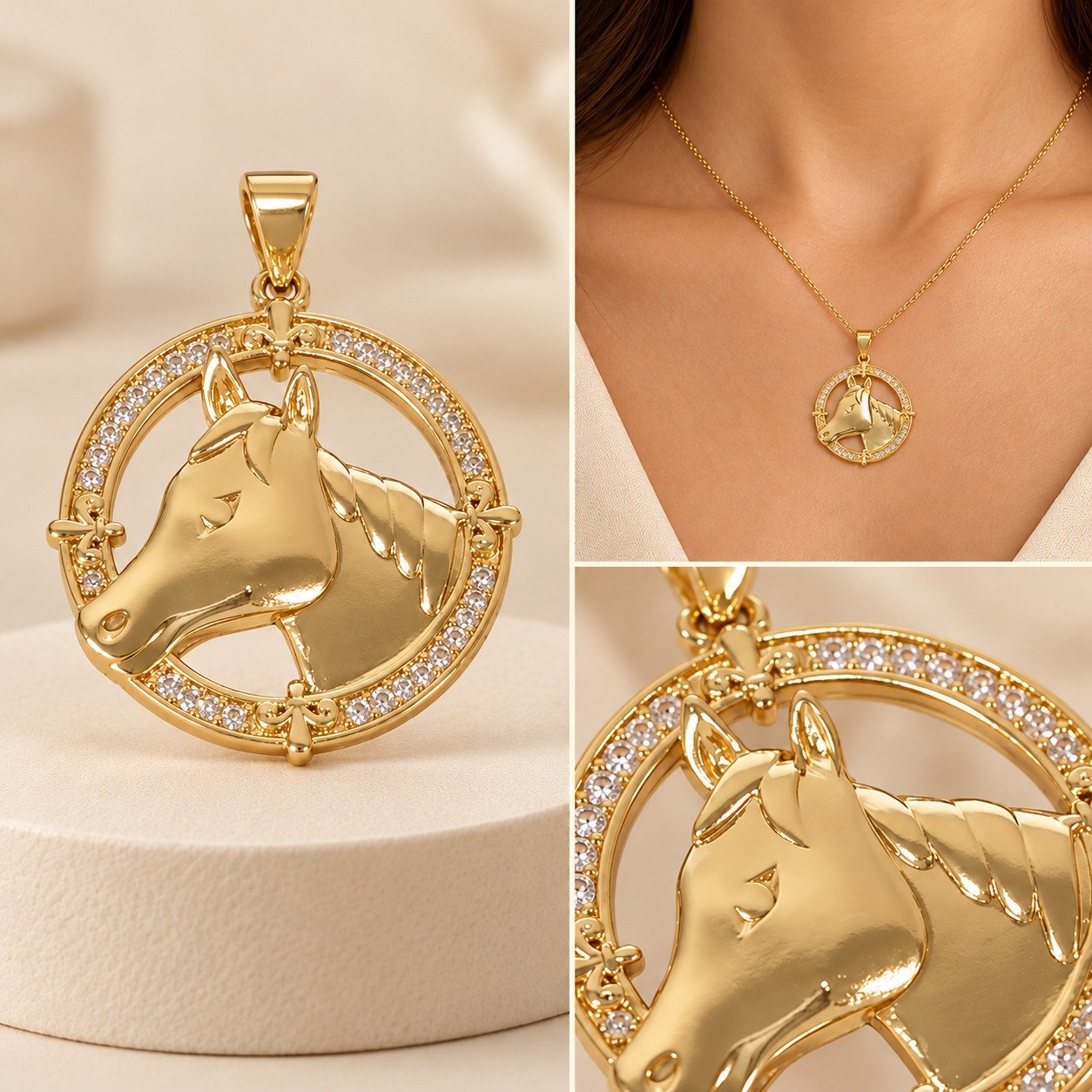 PINGENTE MEDALHA CRAVEJADA VAZADA DE CAVALO
